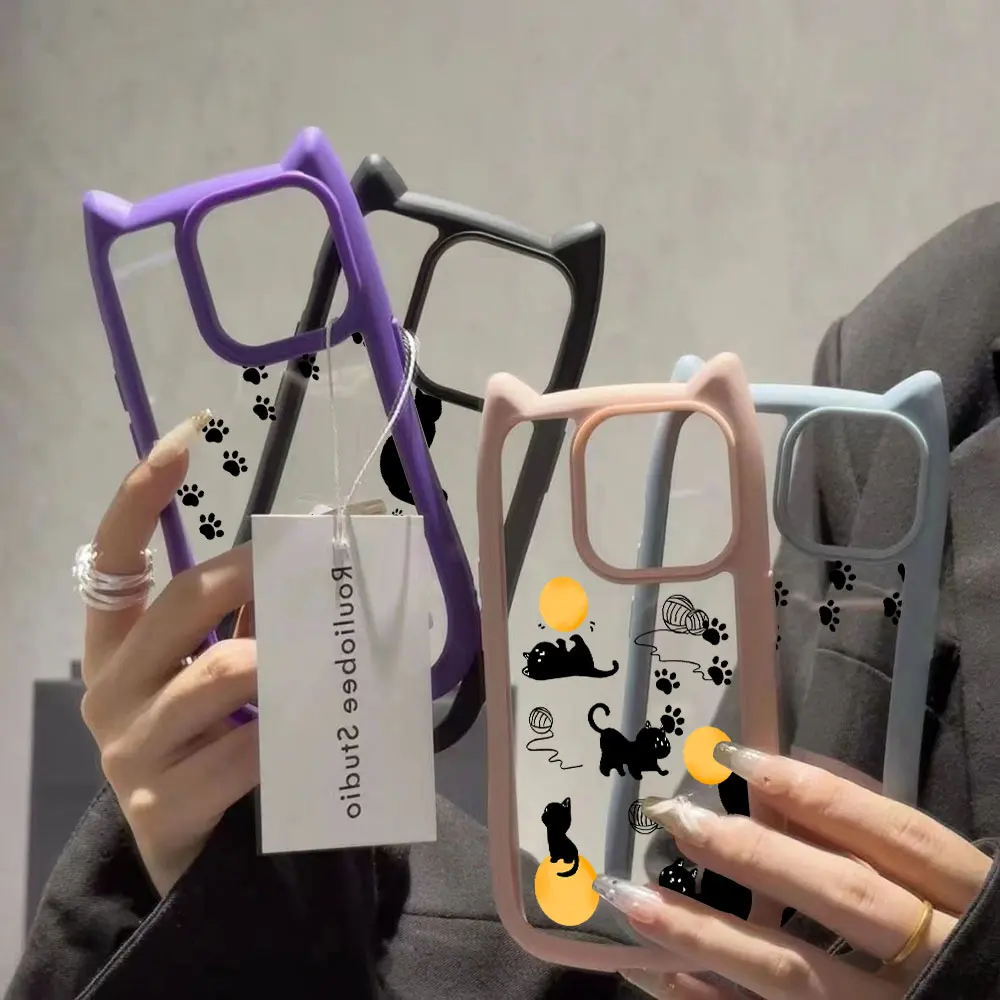 Funda de teléfono con orejas de gato negro para iPhone 16 15 14 13 12 11 Pro Max, parachoques de silicona suave acrílico duro transparente - imagen 3