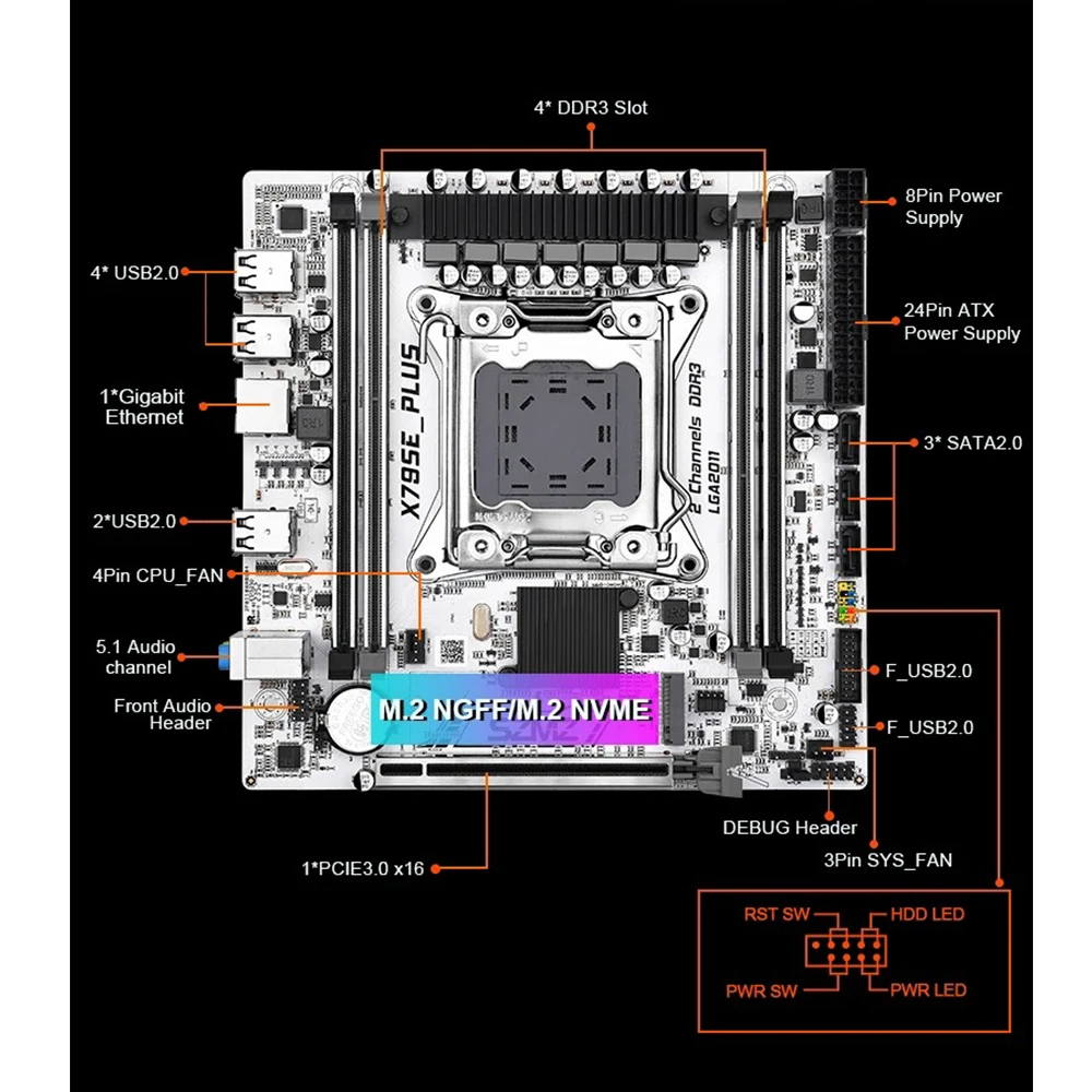 Juego de placa base X79 SE-PLUS con E5 2660 V2, CPU LGA 2011, Kit de 2x16GB = 32GB, RAM DDR3, Combo X79, compatible con SATA3.0, USB2.0, M.2, NVME - imagen 5