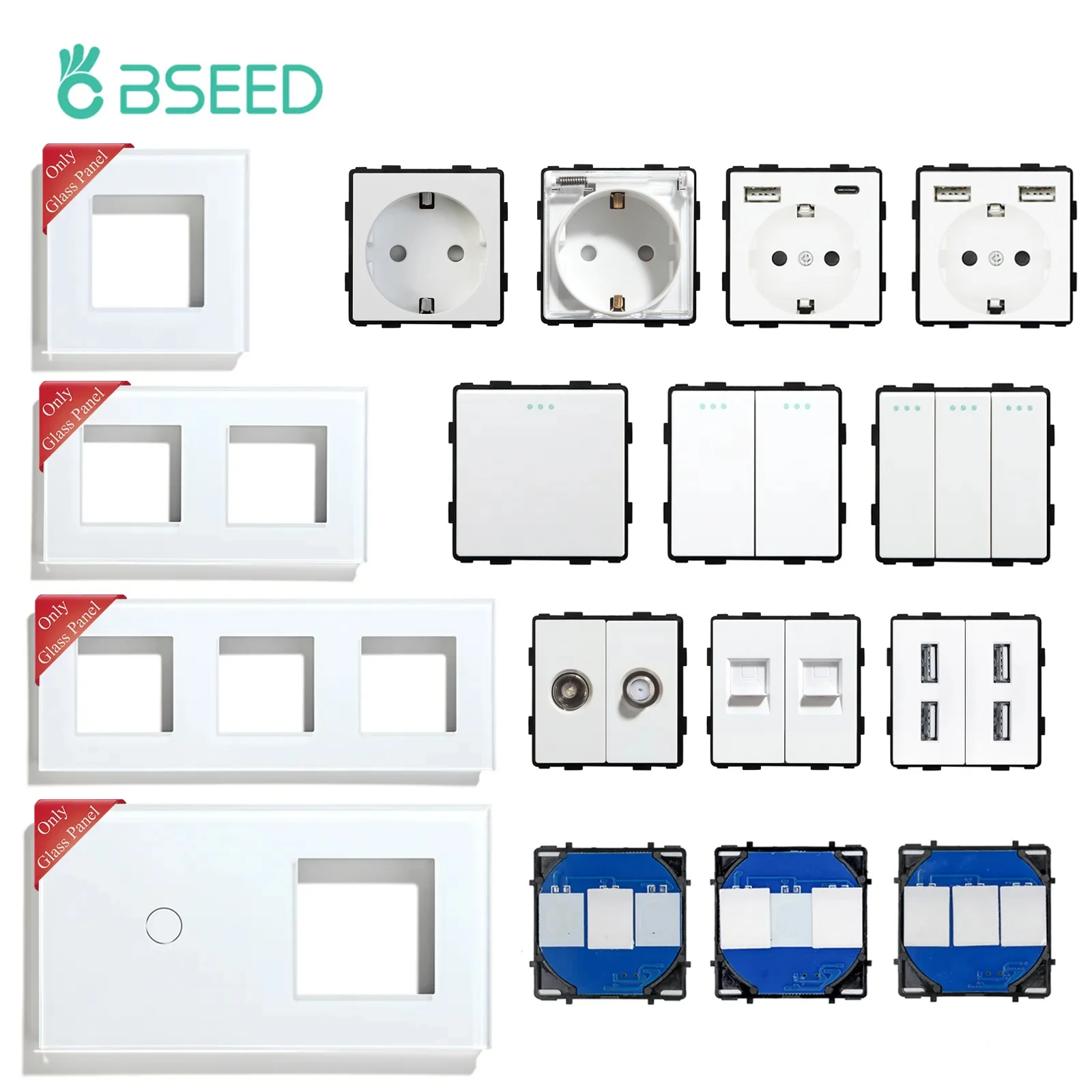 BSEED mecánica de botón de cristal del panel marcos para interruptores de luz de pared de la UE macho CAT5/6 de TV por satélite enchufes USB DIY piezas - imagen 2