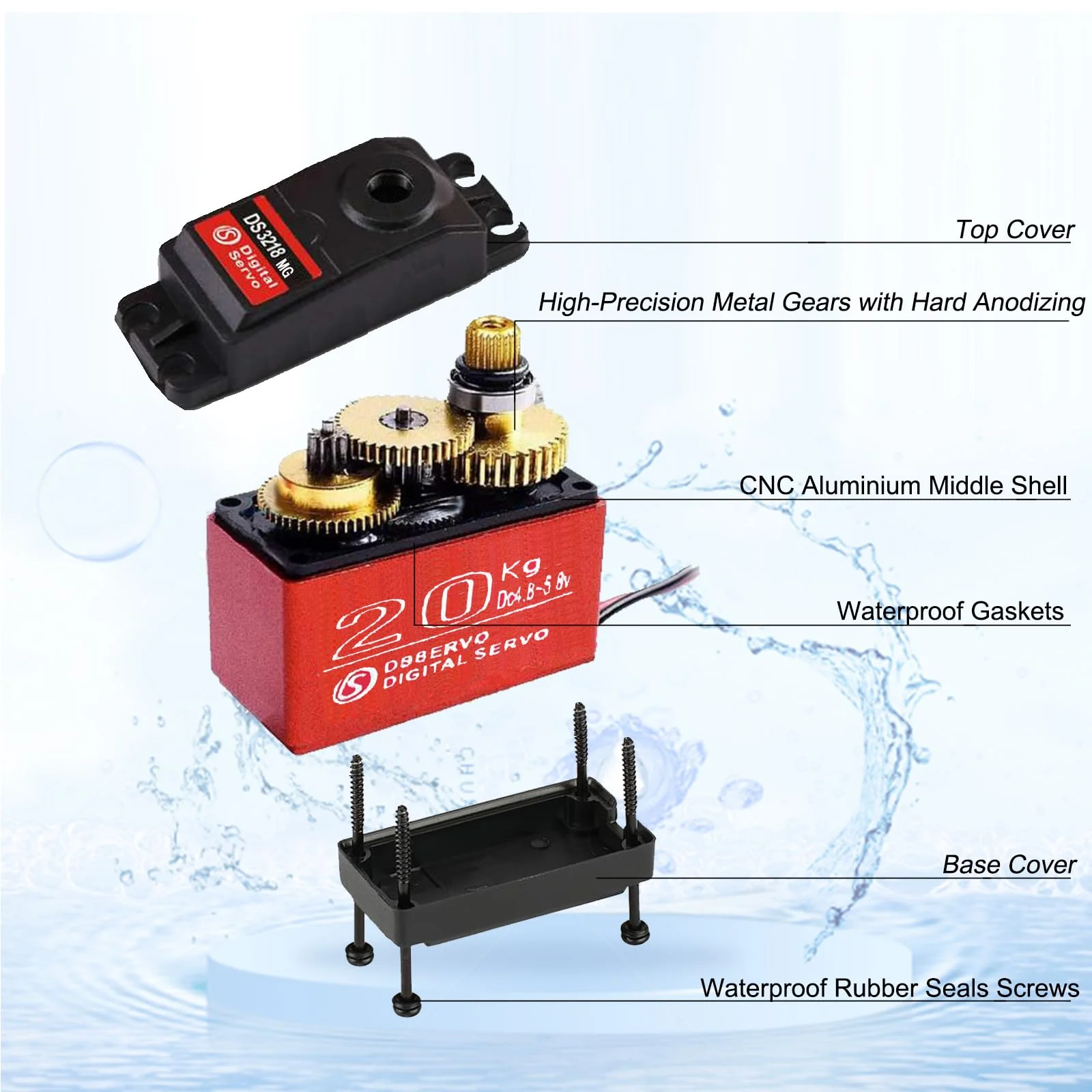 Dsservo DS3218 Servo Digital de 20KG, engranaje totalmente metálico de alto par, Servo RC resistente al agua de alta velocidad para coche trepador de control remoto a escala 1/8 1/10 - imagen 4