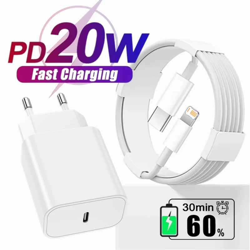 Cargador rápido con enchufe europeo PD de 20W para iPhone 11 12 13 Mini 14 Pro Max X XR XS Max 7 8 Plus SE Cables de carga USB-C PD de carga rápida