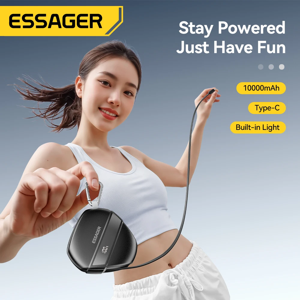 Essager 22,5 W banco de energía PD carga rápida 10000mAh Cable retráctil tipo C pantalla de porcentaje Digital para Huawei Xiaomi iPhone 16 - imagen 2