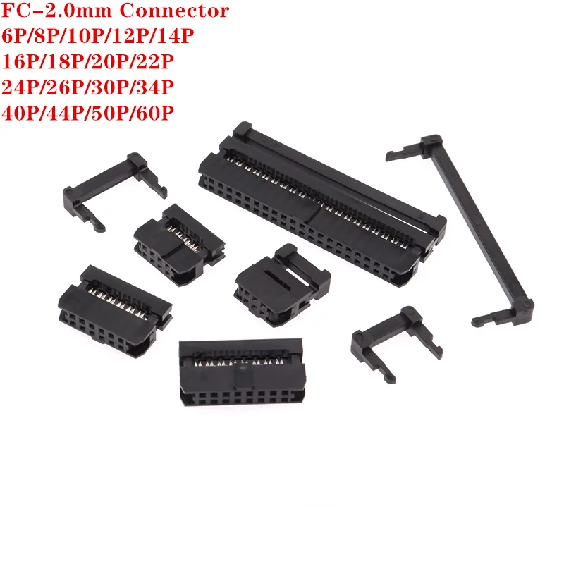 Piezas de paso FC de 10, 2,0mm, 6/8/10/12/14/16/18/20/22/24/26/30/34/40/44/50/60Pin IDC conector hembra para Cable plano de 1,0mm