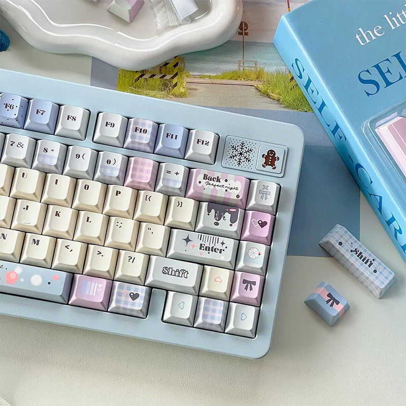 Teclas de color blanco lechoso y azul para teclado mecánico, teclas bonitas de sublimación PBT con perfil de cereza, 129 teclas - imagen 4
