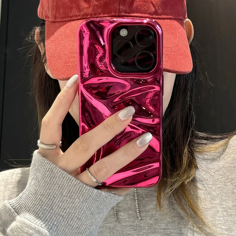 Funda con textura arrugada ondulada de agua roja chapada para iPhone 16 Pro Max 17 Air 15 14 13 12 11 16 Plus, funda trasera de silicona brillante