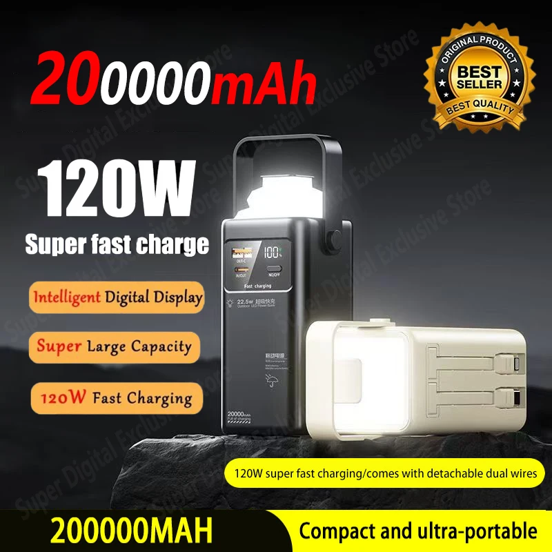 Banco de energía de 200000mAh, fuente de alimentación de emergencia portátil de carga rápida de 120W para exteriores, cable incorporado, luz de Camping para iPhone y Samsung