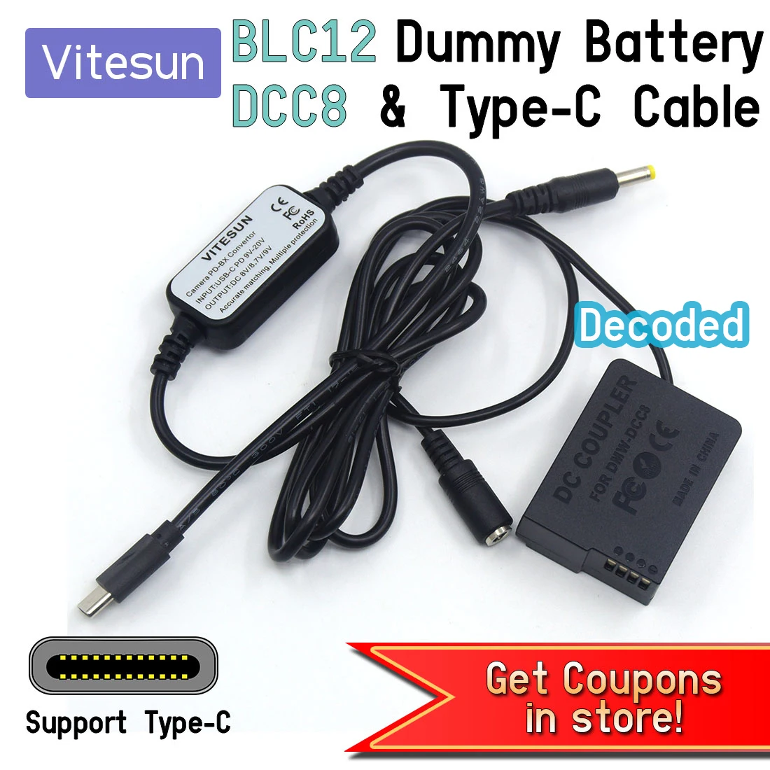 Convertidor USB tipo C PD a Cable CC + batería ficticia decodificada BLC12 DMW-DCC8 para Lumix DMC-GH2 GH2K GH2S FZ200 FZ300 FZ1000 GX8