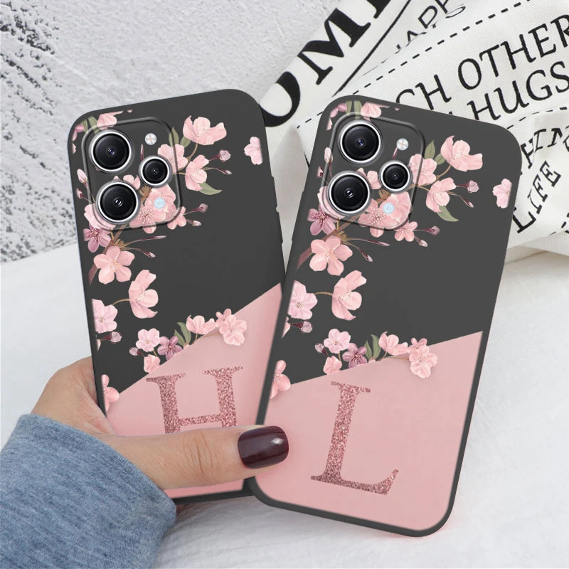 Para Redmi 12 Note 14 Pro funda de teléfono flores rosas letra inicial A a Z funda trasera suave de silicona alfabeto Coque Shell pareja Capa - imagen 2