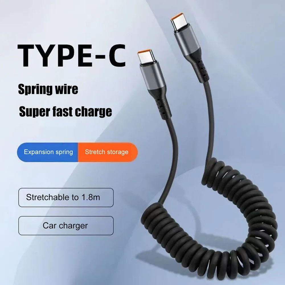Cable de datos de carga rápida USB tipo C de 100/27W, Cable telescópico de carga rápida 6A USB C a tipo C para iPhone 15 14 13 12 - imagen 3