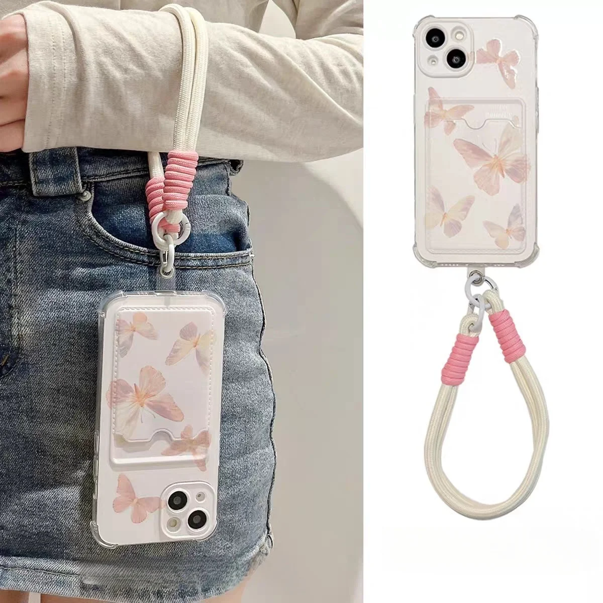 Bolsa de tarjeta de mariposa rosa y azul, funda de teléfono con cuerda y correa de mano para Iphone 17 Air 16E 13 14 15 16 17 Pro Max 11 12 13 Pro 16 Plus - imagen 3