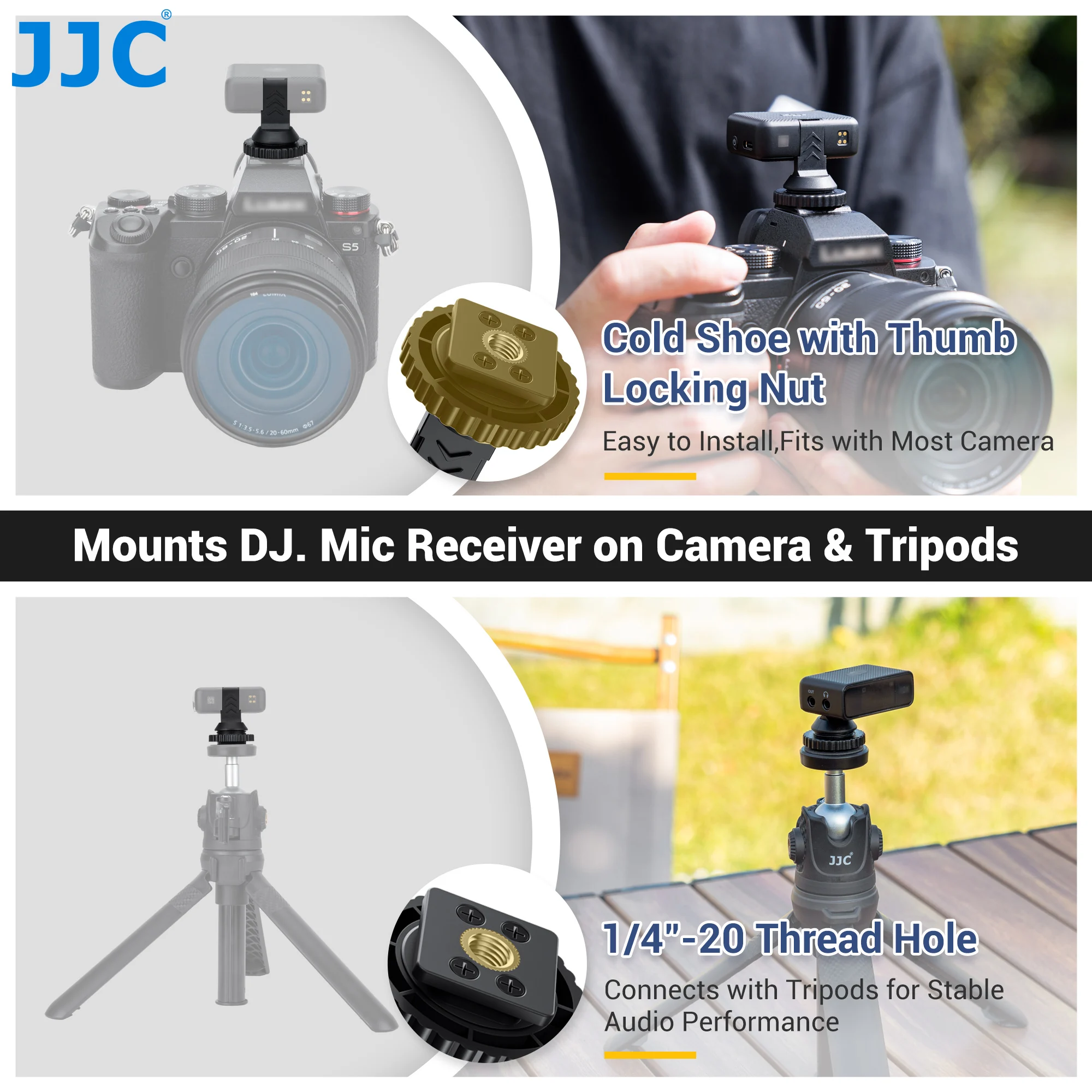 JJC Soporte de zapata fría para micrófono DJI compatible con cámara montada en zapata con adaptador de trípode 1/4-20 para transmisión en vivo de película corta - imagen 3
