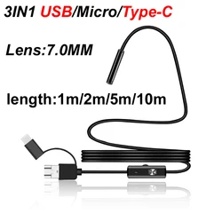 Cámara endoscópica industrial USB-C con sonda flexible y LEDs