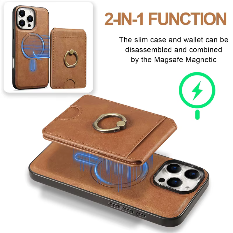 Funda con soporte de anillo tipo billetera con tapa de cuero magnético 2 en 1 para Magsafe IPhone 16 15 14 13 12 Pro Max Plus 16e i16 Mag funda con soporte seguro - imagen 2
