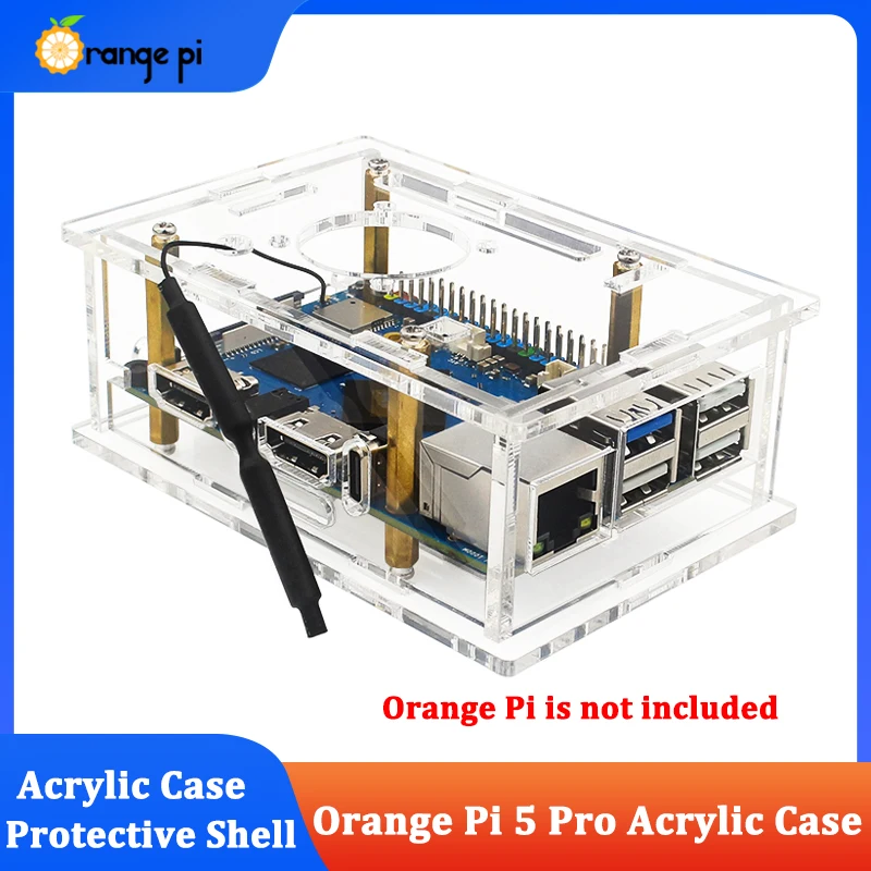 Carcasa acrílica Orange Pi 5 Pro, carcasa protectora de refrigeración activa, ventilador de refrigeración opcional/antena para Orange Pi 5 Pro