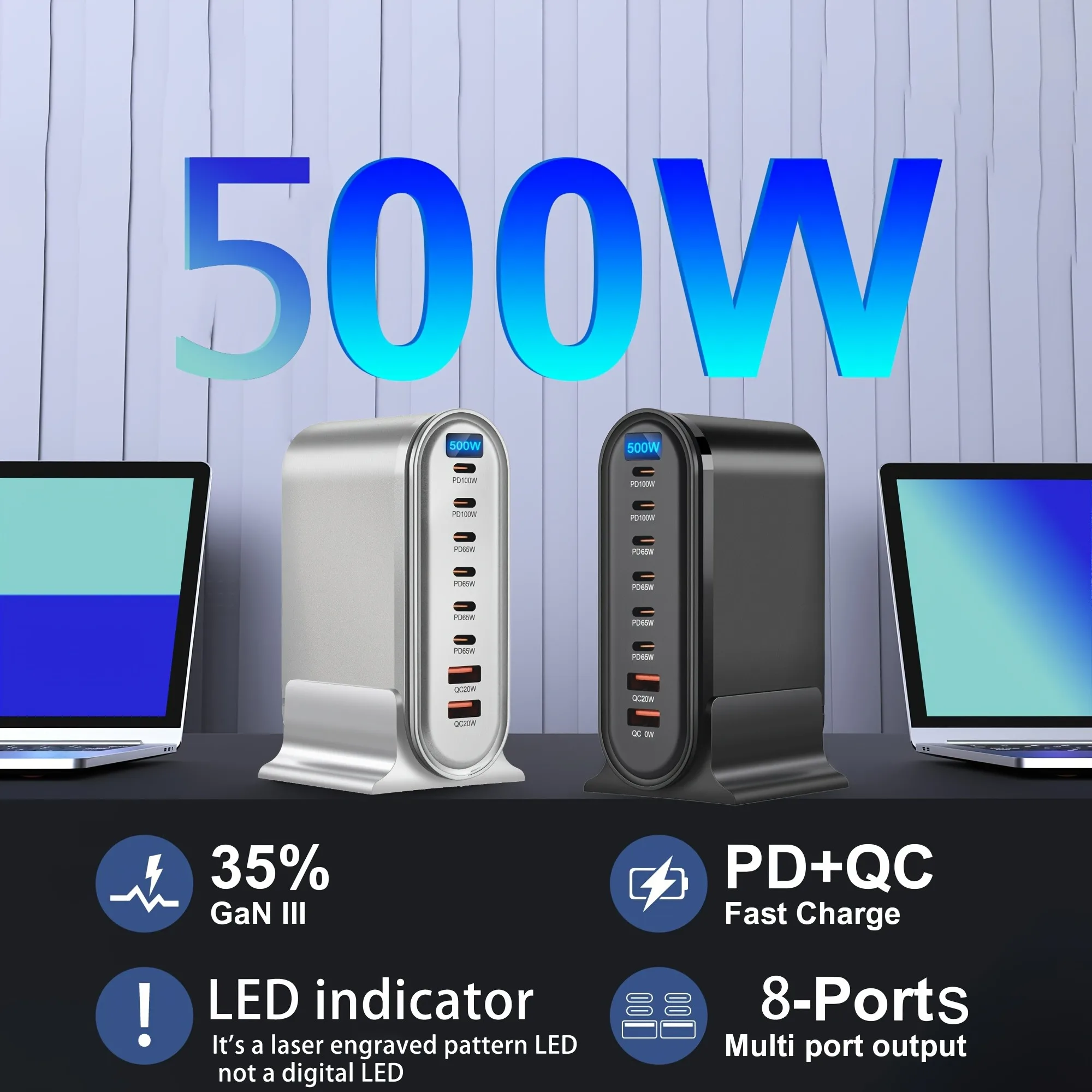 Estación de carga de escritorio de 8 puertos de 500W PD 100W y concentrador de carga rápida QC 20W para teléfonos móviles, iphone, para MacBook Indicador LED - imagen 3