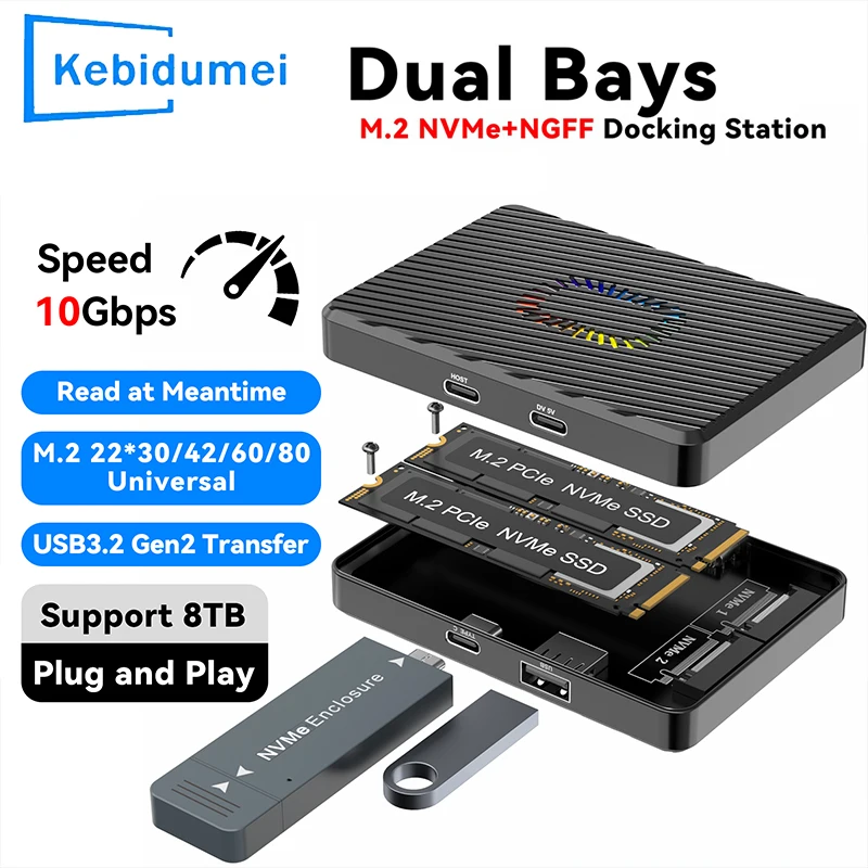 Caja SSD M.2 de protocolo Dual, estación de acoplamiento NVME PCIe Dual, USB3.2 GEN2, carcasa de unidad de estado sólido de 10Gbps, compatible con adaptador de 8TB - imagen 2