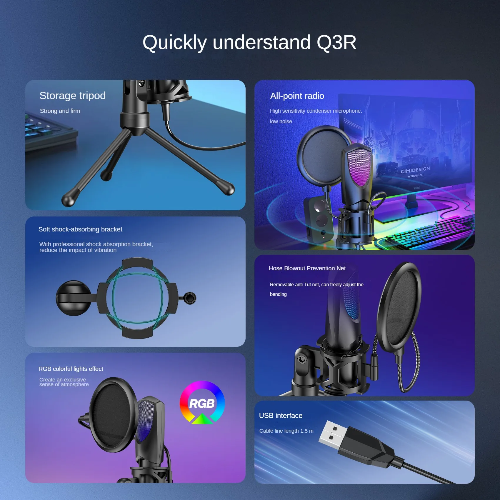 Nuevo micrófono condensador Vertical USB de escritorio, luz RGB, transmisión en vivo, Karaoke, juegos, micrófono de videoconferencia - imagen 3