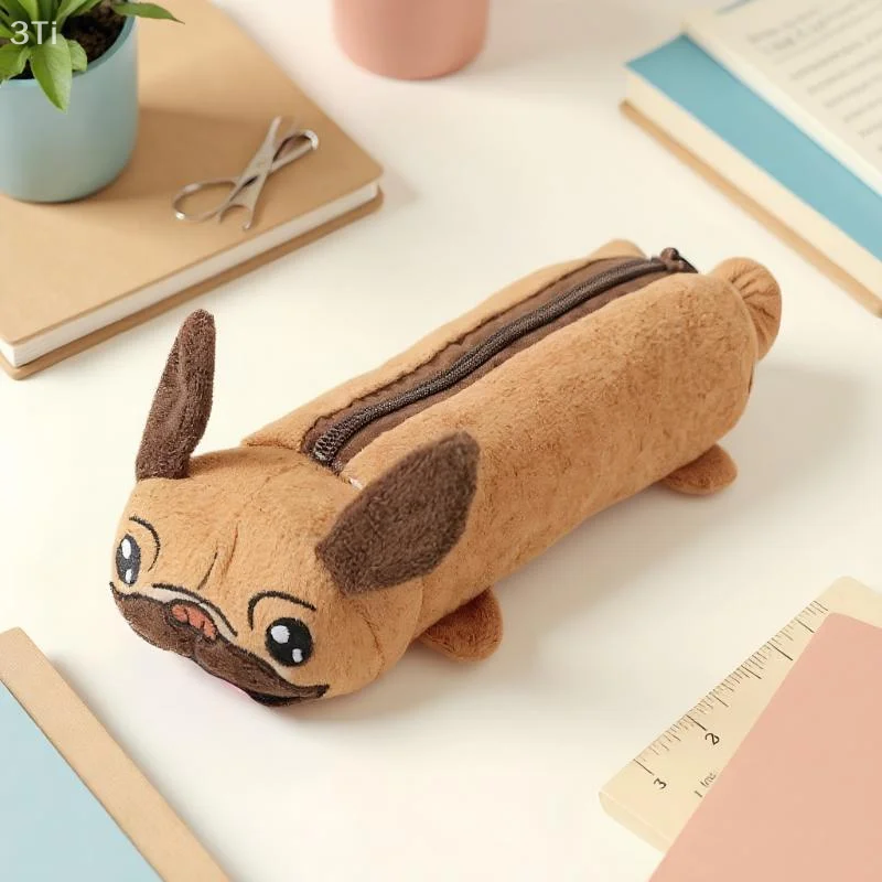Estuche para lápices de perro de peluche de dibujos animados, bolsa de almacenamiento multifuncional, monedero, bolsa de juguete de peluche Kawaii, suministros de papelería para estudiantes - imagen 3