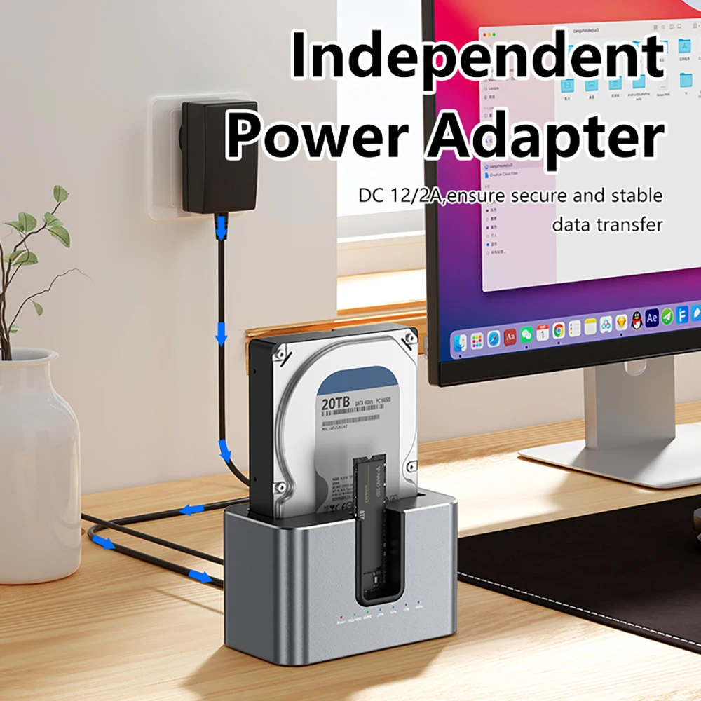 Caja HDD de doble bahía, estación de acoplamiento, clon sin conexión SATA a USB 3,0, carcasa externa de disco duro para HDD de 2,5/3,5 pulgadas, M.2 NVME SSD - imagen 3