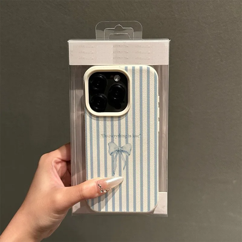 Funda de teléfono con textura de lichi y patrón de lazo a rayas azules para iPhone 17 16 15 14 Plus 11 12 13 Pro Max 17 Air cubierta a prueba de golpes - imagen 3