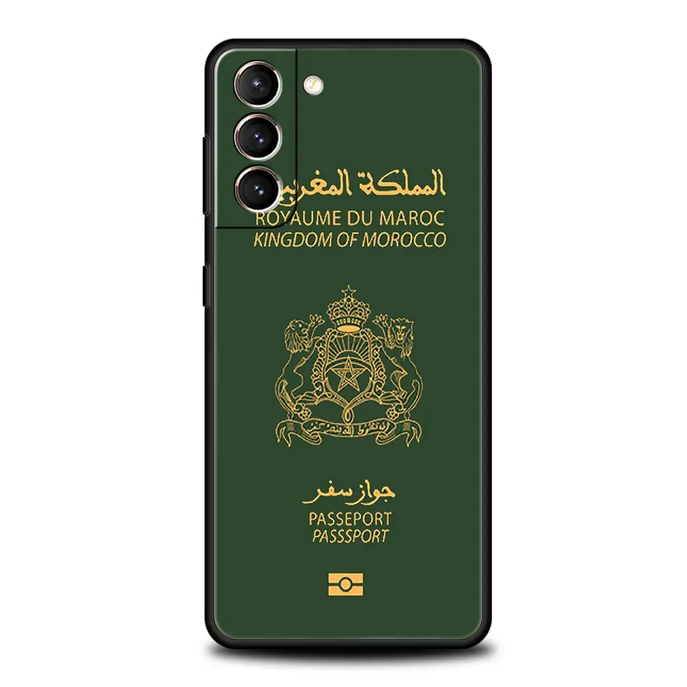 Funda de teléfono con pasaporte y bandera de Marruecos para Samsung Galaxy S24 S23 S22 S20 Ultra S21 FE 5G S10 S9 Plus S10E S8 Note 20 funda negra suave - imagen 2