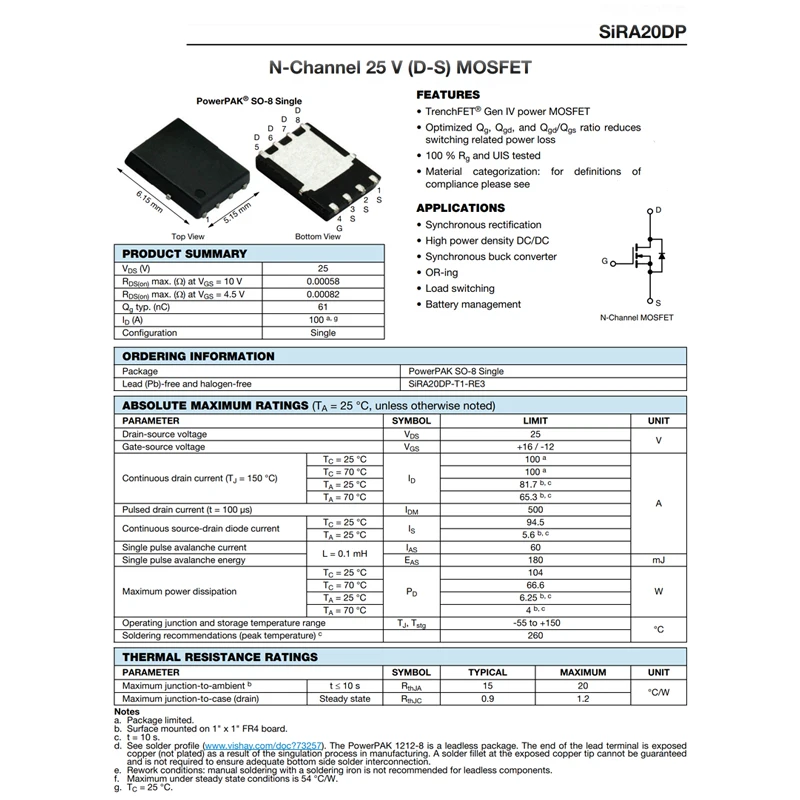 SIRA20DP-T1-RE3 RA20 5PCS DFN-8 SIRA20DP SIRA20DP-T1 Canal N 25V/81.7A MOSFET - imagen 3