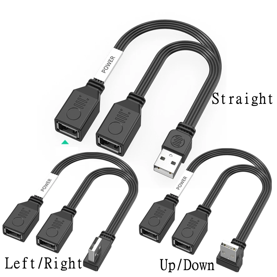 Cable de extensión USB de 1 a 2 codos para ordenador, Cable de datos plano de carga rápida de 65W, expansor de coche para teléfono móvil de 10/20cm, divisor Carplay Y