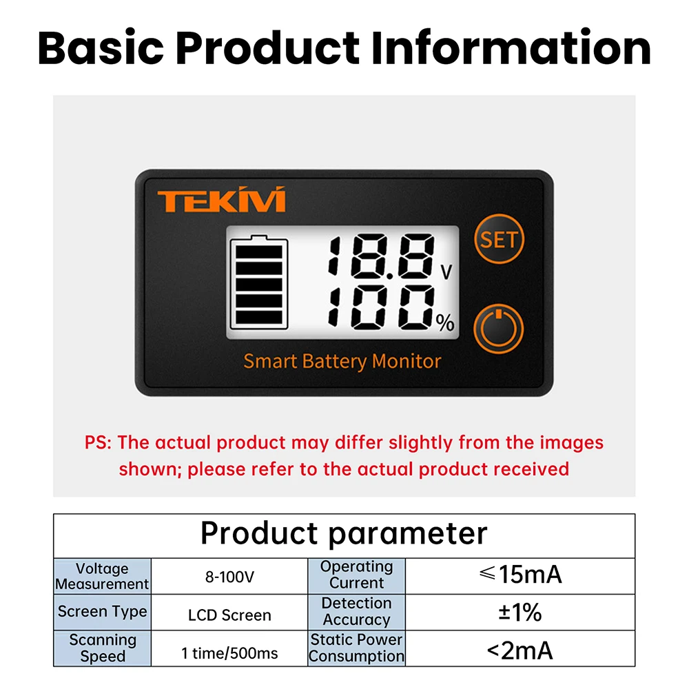 Probador de Baterías LCD 6133BN DC 8-100V para Baterías de Ácido/Ternarias/Litio Hierro, Voltímetro para Vehículos Eléctricos, Indicador de Voltaje y Potencia - imagen 3