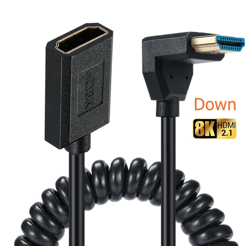 90 grados extremadamente delgado delgado 90 ° Ángulo 8K Ultra HDMI de alta velocidad 8K 4K120Hz 144Hz HD macho a cable de resorte de extensión HDMI hembra