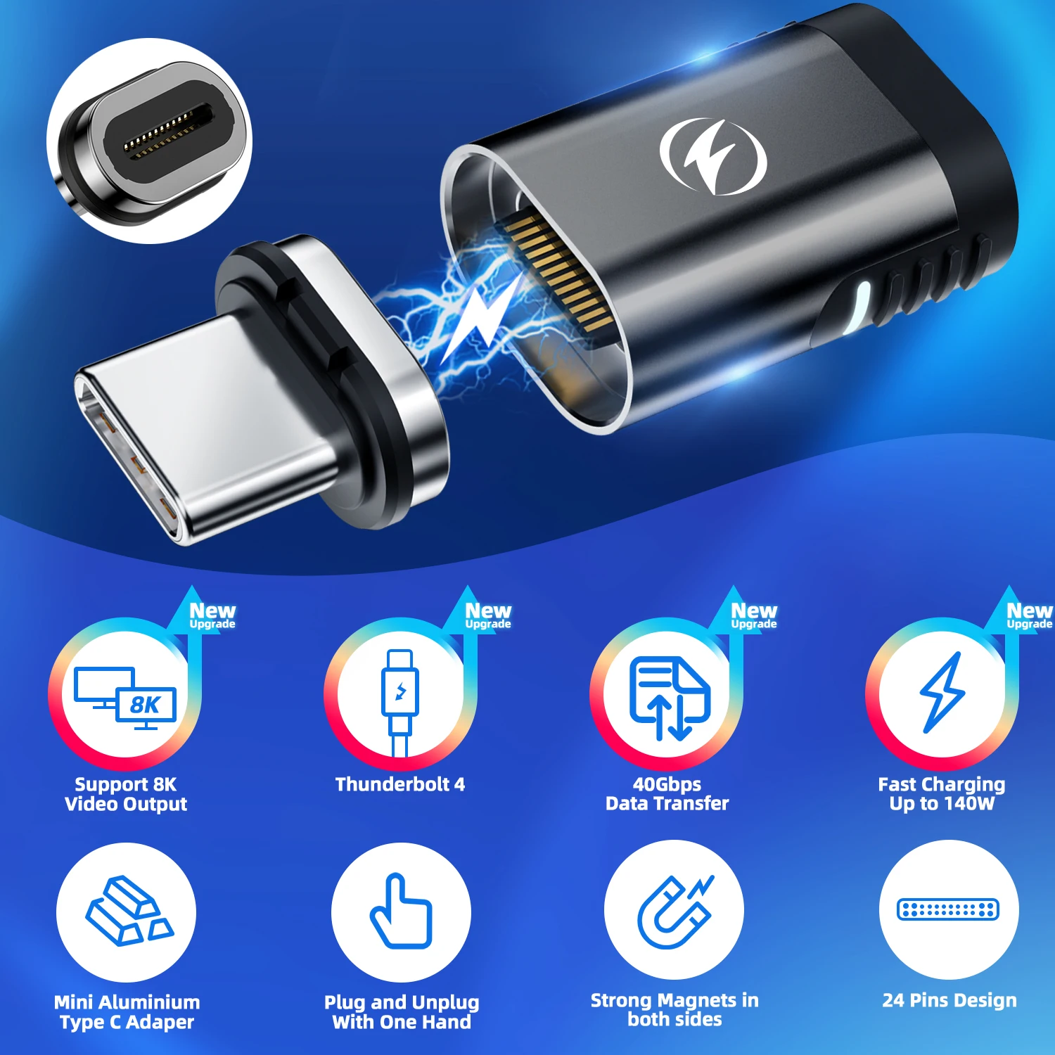 Adaptador magnético USB 4 de 140W, 40G, 20G, 8K @ 60Hz, conector USB tipo C para Macbook Pro Air, Samsung, convertidor magnético de carga rápida - imagen 3