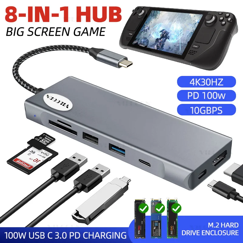 Estación de acoplamiento tipo C HUB Compatible con adaptador M.2 NVMe/SATA SSD HD 4K 60Hz para accesorios de consola de juegos PC/Steam Deck