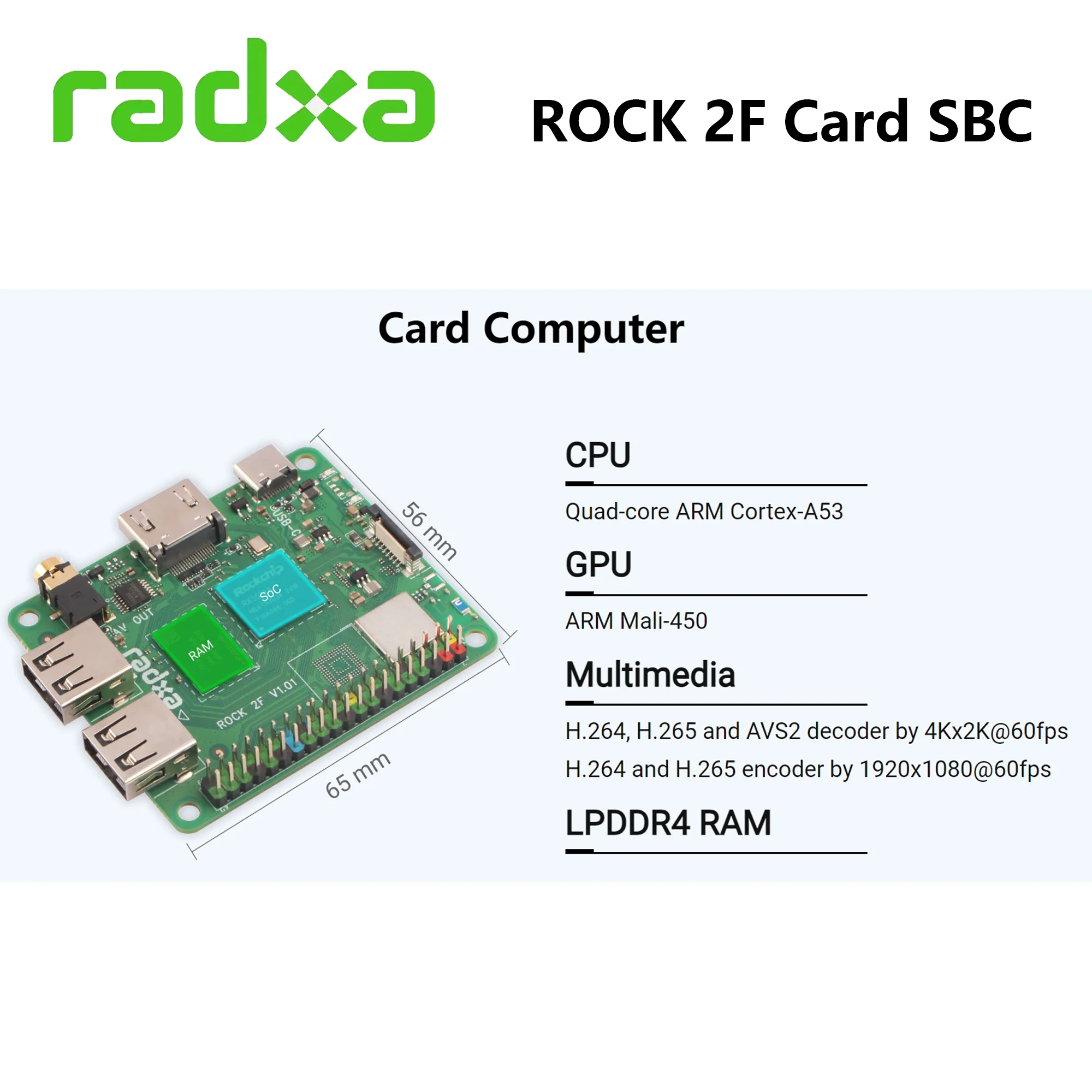 Tarjeta Radxa ROCK 2F 4K Computadora RK3528A LPDDR4 Estándar HDMI compatible con hasta 4Kp60 WiFi 6 y BT 5.4 - imagen 2