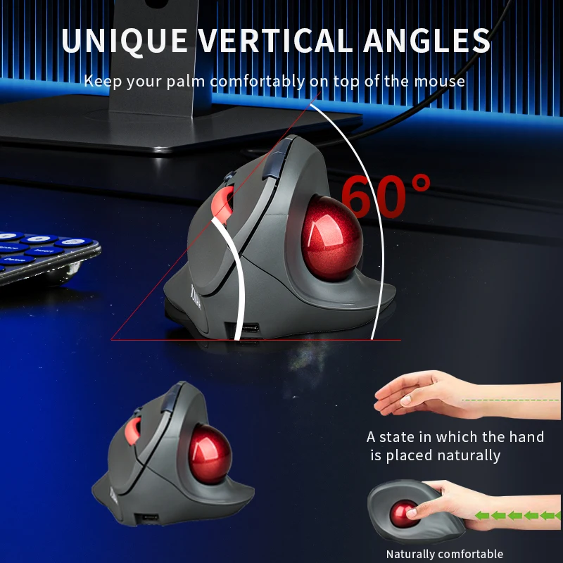 Ratón Trackball Vertical inalámbrico, ergonómico, Bluetooth 5,1, modos duales, 1600DPI, recargable, silencioso, Trackball para Win/iOS - imagen 5