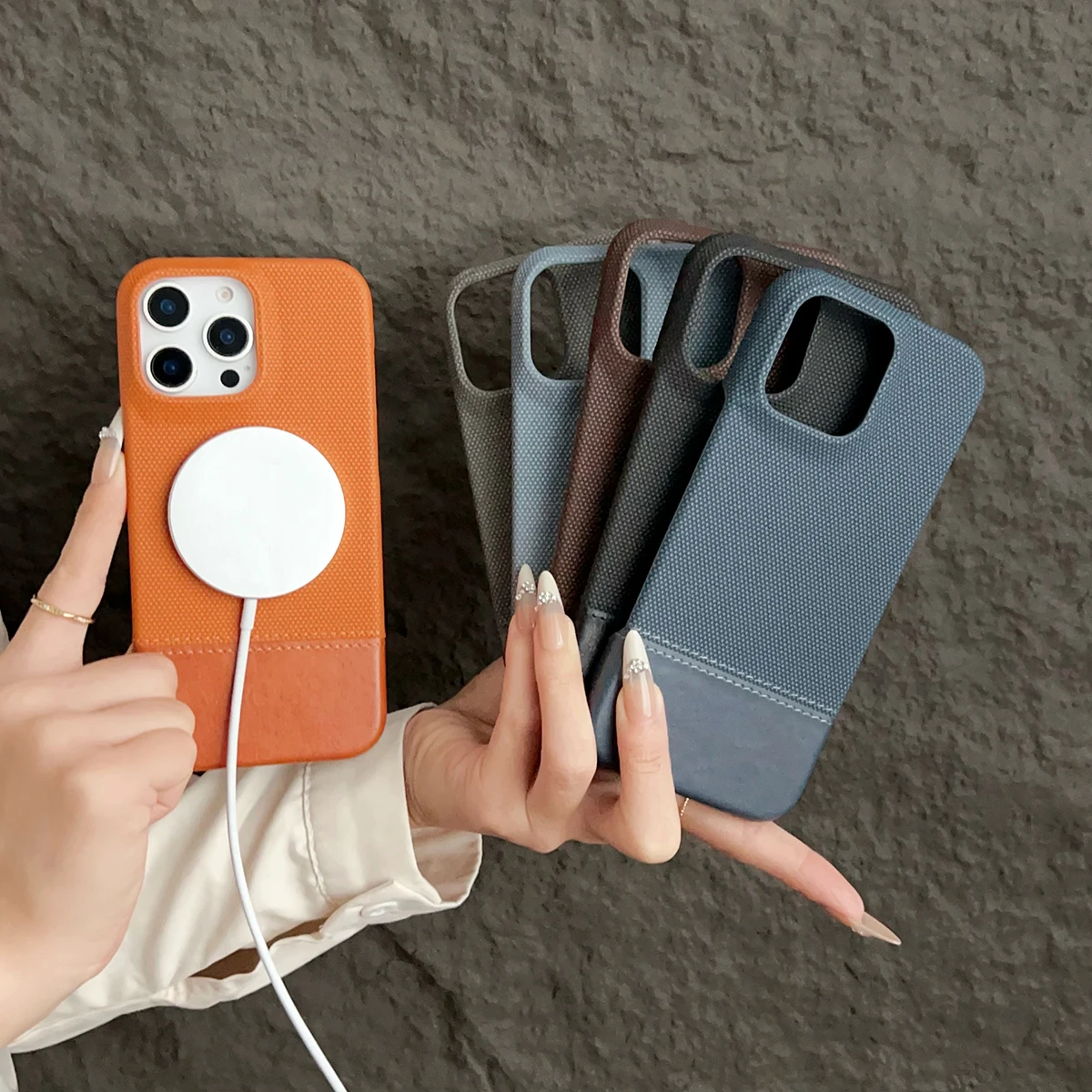 Funda magnética de cuero y tela para iPhone 16, 15, 14, 13, 12 Pro Max Plus, funda con imán de bloques de colores, Fundas antigolpes con carga segura Mag - imagen 2