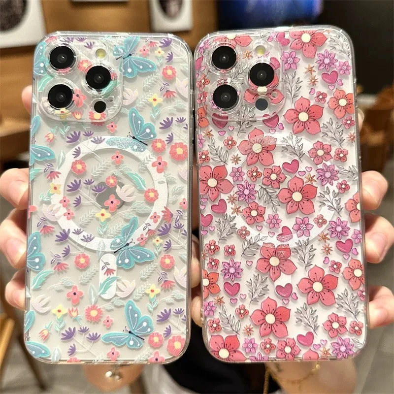 Funda de teléfono magnética Ins mariposa flor Magsafe para IPhone 16 15 14 13 12 11 8 7 Plus Pro Max X XR XSMax cubierta de Tpu transparente suave
