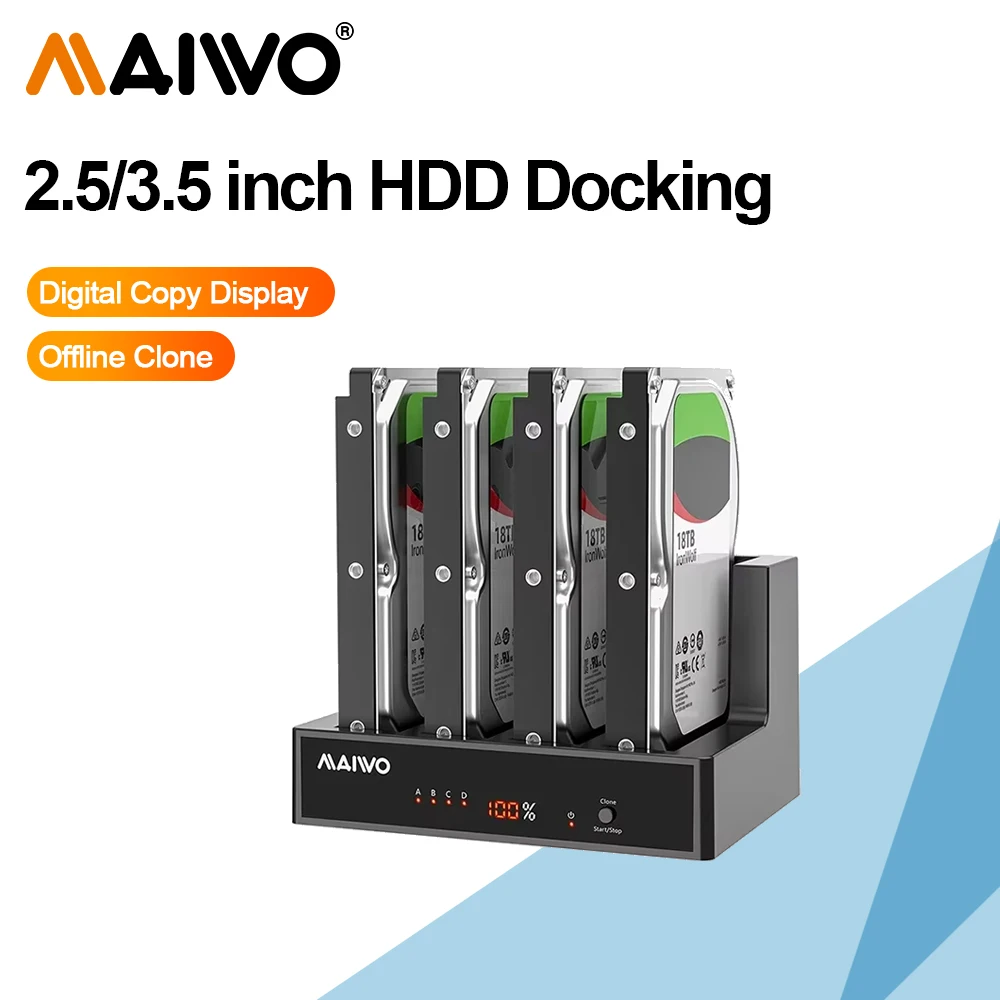 MAIWO Estación de acoplamiento HDD de 4 bahías SATA a USB3.0 Caja para SSD/HDD de 2,5 ''/3,5'' con pantalla digital Soporte clon sin conexión - imagen 2