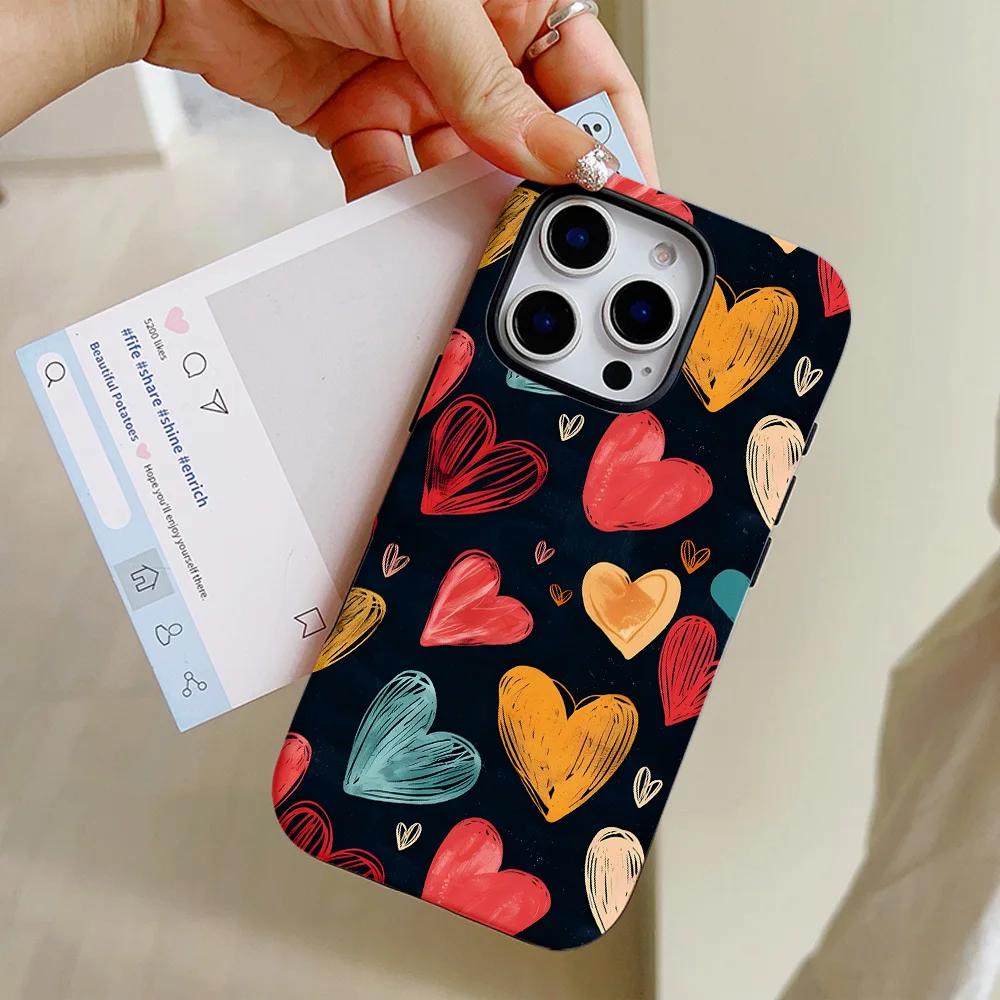 Funda de teléfono de lujo con corazones de amor negros para iPhone 16, 15, 14, 13, 12, 11 Pro Max Plus, funda trasera magnética de doble capa de lujo - imagen 2