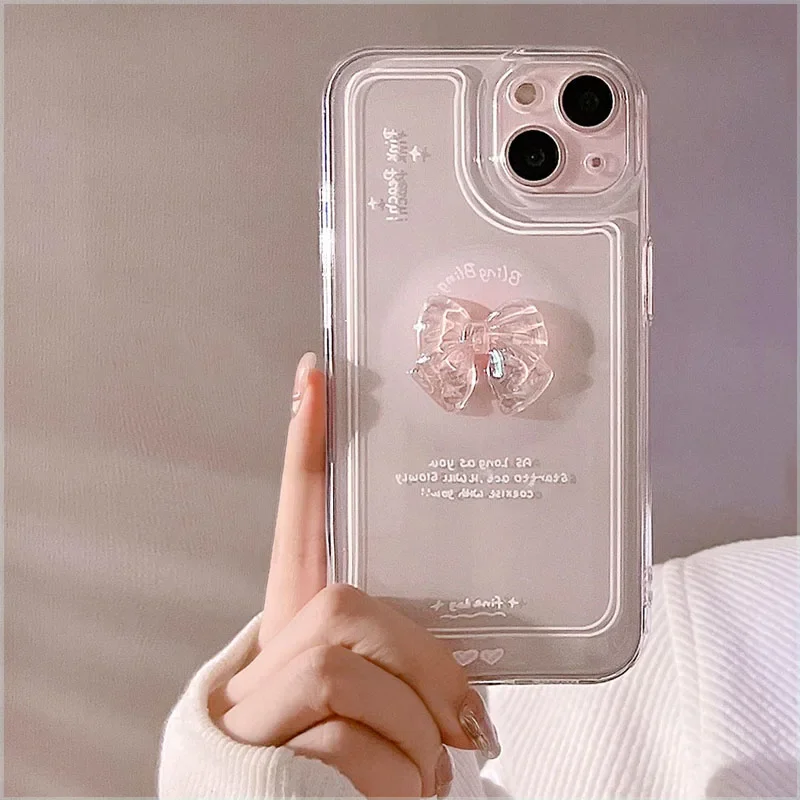 Funda de teléfono transparente con lazo de cristal 3D coreano para iPhone 16 15 14 Pro Max 13 12 11 Pro Mini X XR XS Max 7 8 16 Plus SE 2022 funda suave - imagen 2