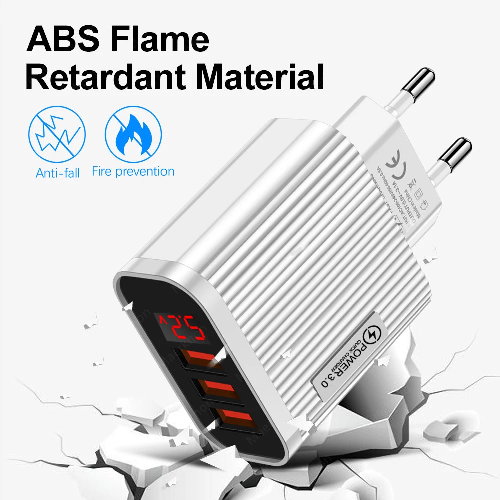 Cargador USB de carga rápida 3,0, adaptador de carga de teléfono con 3 puertos USB con pantalla LED para Samsung, Xiaomi, Huawei, enchufe europeo/estadounidense - imagen 5