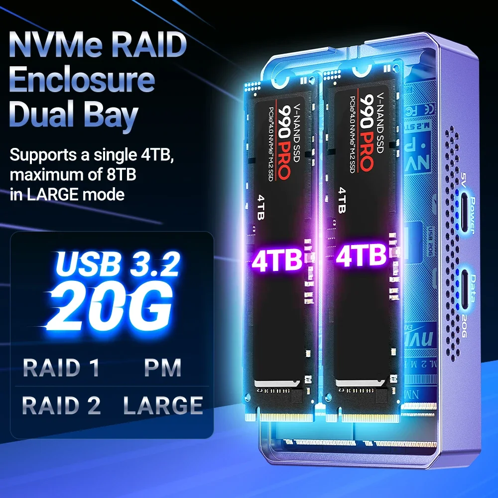 JEYI Caja dual Nvme, caja RAID de hardware de 2 bahías, caja SSD de velocidad de transmisión de 20 Gbps, compatible con RAID0/RAID1/grande/JBOD - imagen 3