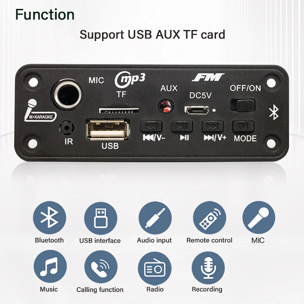 Placa decodificadora de MP3 con Bluetooth, amplificador de 6W, reproductor de música manos libres, módulo de Radio FM para coche, TF, USB, micrófono de 3,5mm, CC de 5V - imagen 2