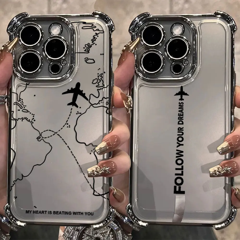 Funda chapada con diseño de ruta de avión inspirada en viajes para iPhone 16 15 14 13 12 11 Pro Max X XSMax 7 8 Plus cubierta de Airabag anticaída