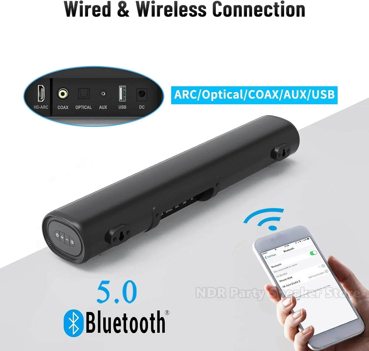 Barra de sonido de 50W para TV, barra de sonido pequeña de graves profundos, altavoz de TV, sistema de sonido envolvente para cine en casa, conexión HDMI/Bluetooth/óptica/Aux - imagen 4