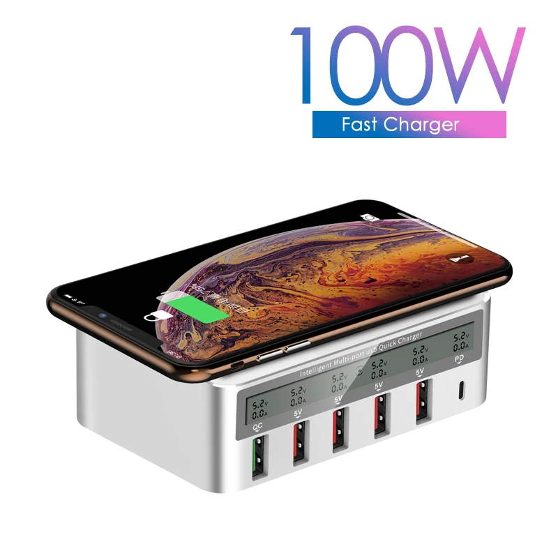 Adaptador de cargador USB PD QC de 50W/100W, cargador inalámbrico, estación de carga rápida de 6 puertos para IPhone 15/14 Pro Max IPad, Samsung Huawei