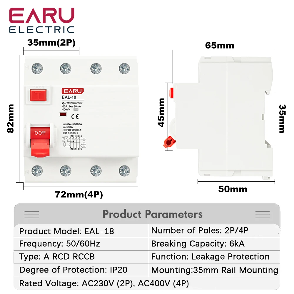 2P 4P 10/30/100/300mA tipo A RCCB RCD ELCB disyuntor de corriente Residual electromagnética interruptor diferencial interruptor de seguridad - imagen 2