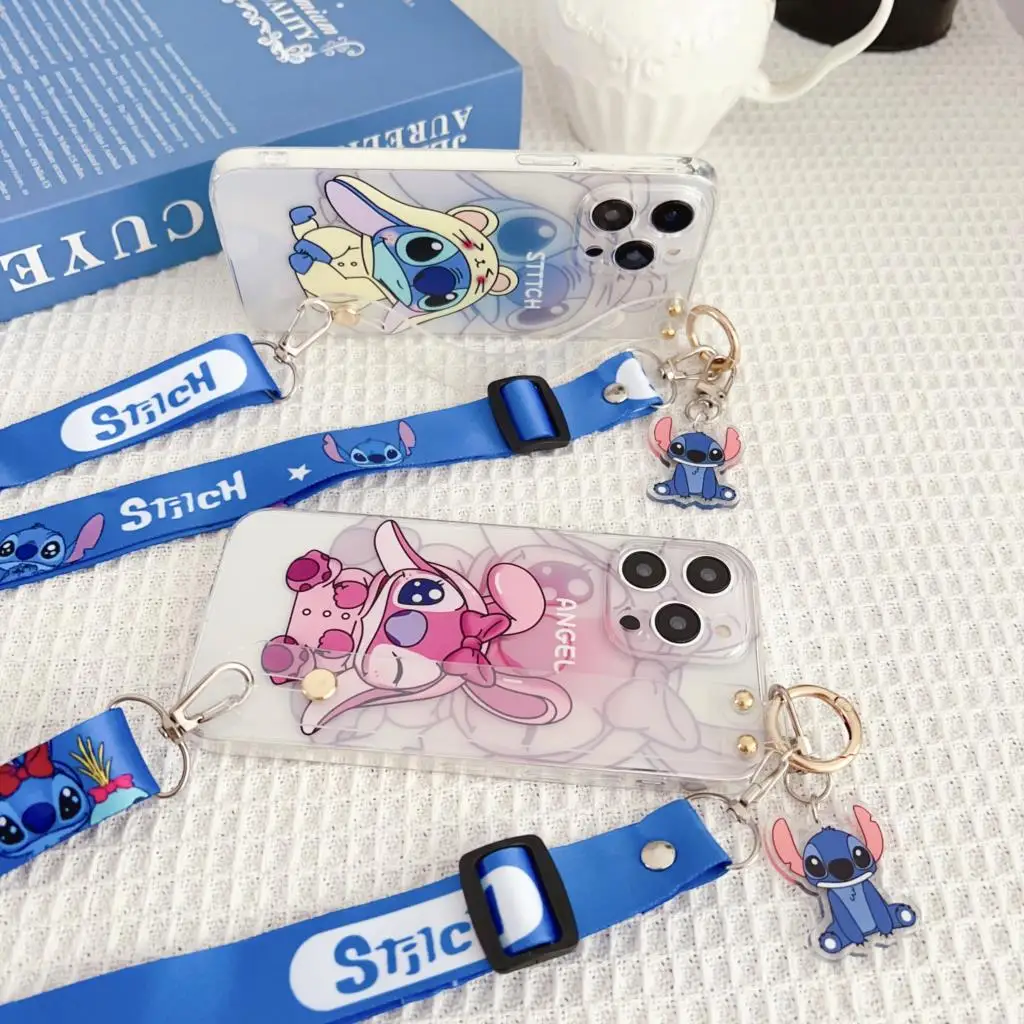 Funda de Stitch con adorno para correa de muñeca, para iPhone 14, 13, 12, 11 Pro, Xs, Max, Xs, XR, 7, 8, 6 Plus, SE 2020