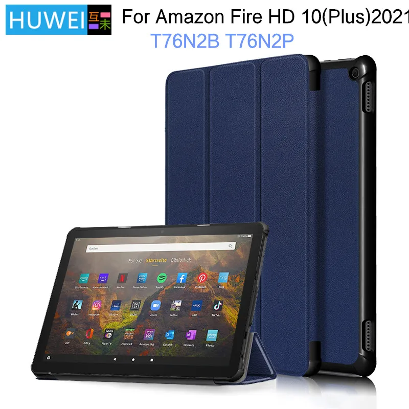 HUWEI-funda inteligente para tableta Amazon Kindle Fire HD 10 HD10 Plus 2021, 10,1 pulgadas, funda de cuero PU con soporte triple plegable, T76N2B T76N2P