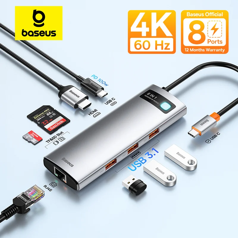 Baseus Hub USB-C HDMI Ethernet 10Gbps Lector SD MacBook - imagen 3