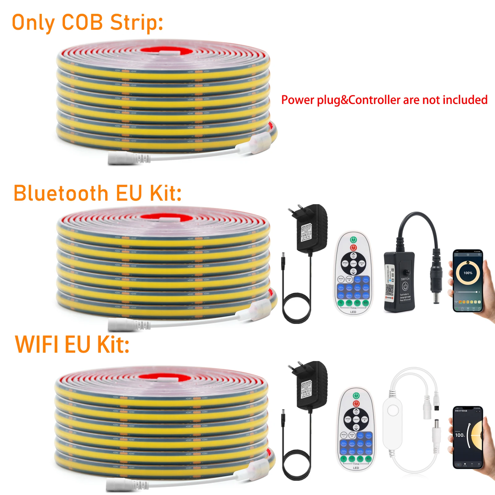 Tira de luces LED COB WiFi Bluetooth IP68 impermeable 320LEDs/m 1M 2M 3M 5M 10M blanco/Natural/blanco cálido luces Led COB regulables 12V 24V - imagen 3