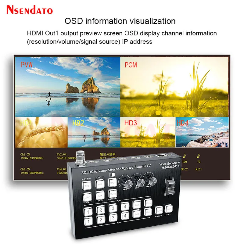 Codificador de vídeo H.265 SDI HDMI, conmutador mezclador para TV, transmisión en vivo, 4 canales, HDMI, vídeo, codificador continuo, interruptor de Director con PIP - imagen 2